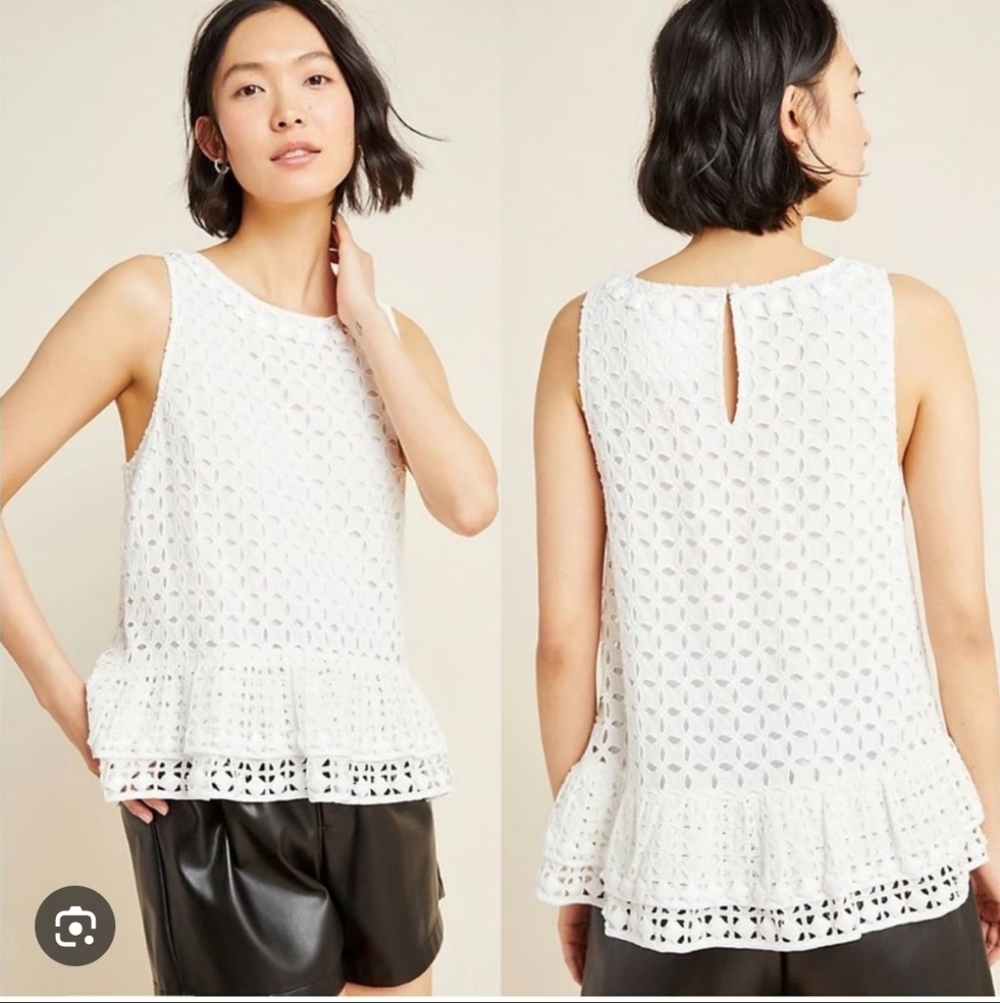 372-Maeve‎ Anthropologie White Eyelet Peplum Tank 💯 Cotton